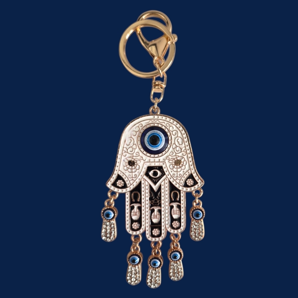 Large Double-Sided Hamsa Hand Bag Charm / Keychain with Blue Evil Eye